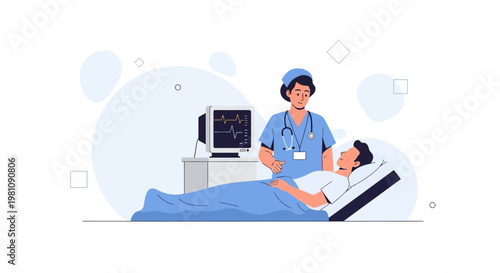 Doctor caring for patient in hospital bed with vital signs monitor