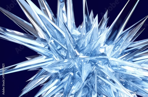 Shiny blue crystalline spiky abstract structure for background or wallpaper with sharp glasslike geometry for futuristic design