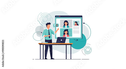Man presenting online meeting with colleagues on screen, remote work concept