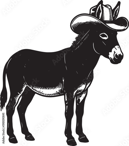 Stylized black and white donkey wearing a classic western cowboy hat standing proudly illustration