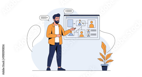 Man presenting organizational chart on screen, business strategy and teamwork concept