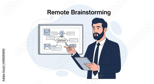 Man presenting remote brainstorming session on a tablet and screen, business concept
