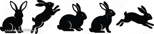 Black rabbit and bunny silhouette set in various poses vector illustration.