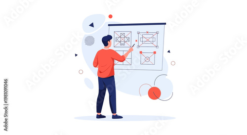 Man presenting strategy on whiteboard with geometric diagrams and storyboards