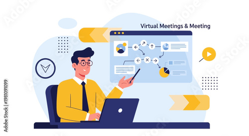 Man presenting virtual meeting with laptop and flowchart on screen