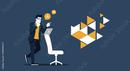 Man Thinking About Business Ideas Near Laptop and Abstract Geometric Shapes