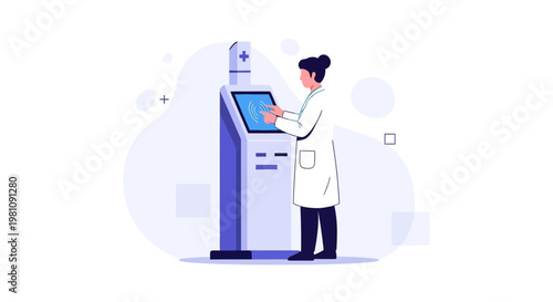 Doctor using medical kiosk for patient check-in and information.