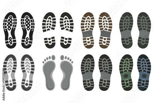 Collection of various footprint shapes boot shoe and bare feet track icons.