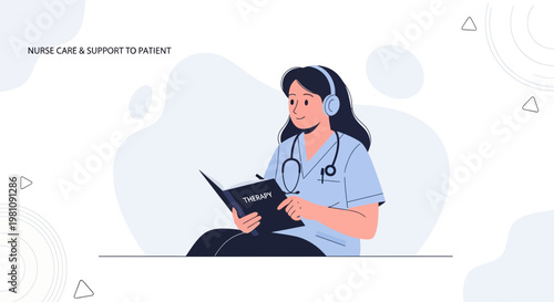 Nurse with headphones reading therapy book, providing patient care and support