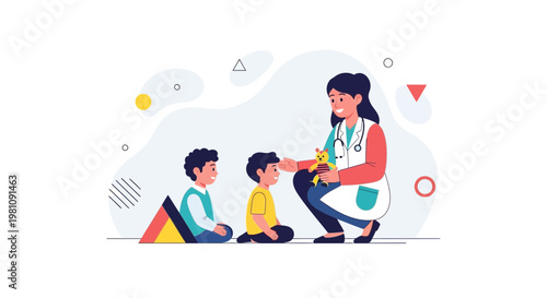 Pediatrician comforting child patient with teddy bear, doctor and kids at clinic