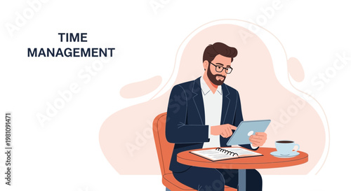 Man using tablet at cafe table, time management concept illustration