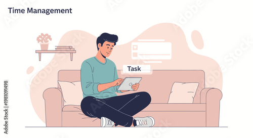 Man using tablet for task management, planning, organization, productivity, time management