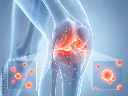 Microscopic view of inflamed knee joint with red blood cells and inflammatory markers