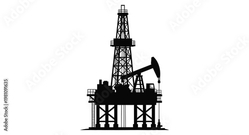 An isolated black silhouette of an oil rig and pumping jack structure silhouette