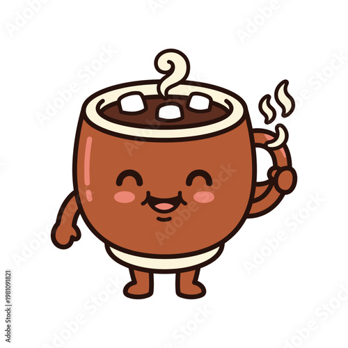 Vector illustration of a smiling hot chocolate mug with marshmallows and steam rising