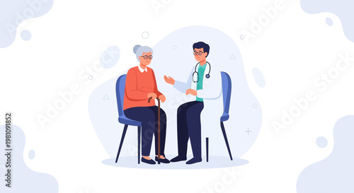 Doctor consulting elderly woman with cane, healthcare, medical checkup, doctor's visit