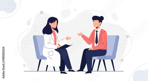 Doctor consulting patient in office, mental health therapy session, professional medical consultation