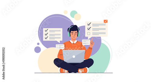 Man with headphones learning online, checking tasks on laptop with checklist and progress