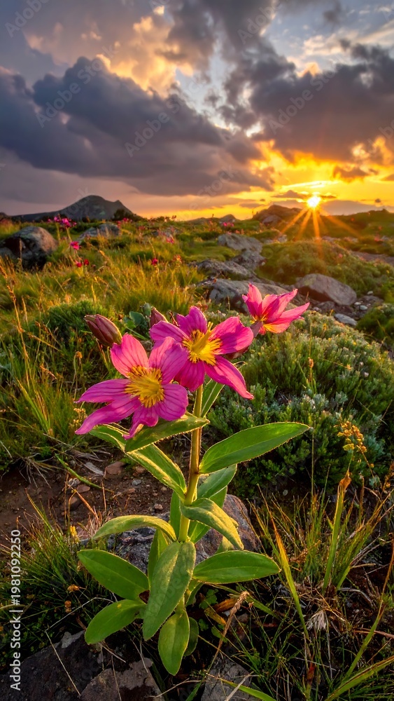 Fototapeta premium Wildflowers bloom on a rocky hillside at sunset, with mountains & colorful clouds