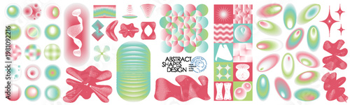 Abstract gradient mesh objects, shapes, and figures. Vector isolated illustrations with fluid waves and halftone effects in a futuristic style on a transparent background for poster, banner, cover