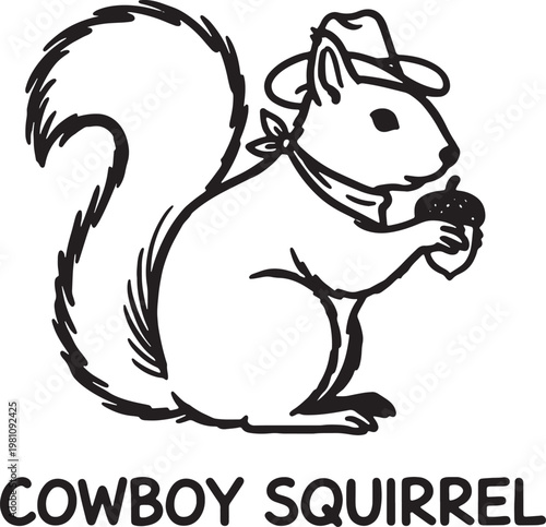 Adorable handdrawn cowboy squirrel cartoon illustration wearing a western hat and bandana holding an acorn graphic