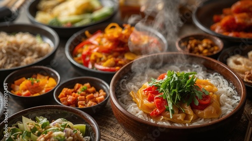 Experience the authentic flavors of Indonesian Cuisine A delightful array of vibrant, aromatic dishes, steaming hot and beautifully presented for a rich culinary journey