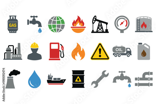 Energy industry icons fuel and power sector symbols clean and dirty resources.