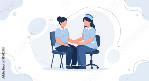 Nurse comforting patient sitting on chairs, healthcare support, empathy, medical care concept