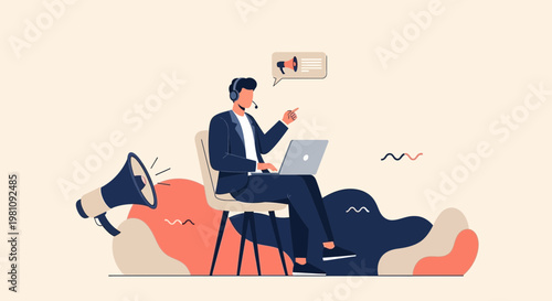 Man with headset and laptop announcing with megaphone, digital marketing concept