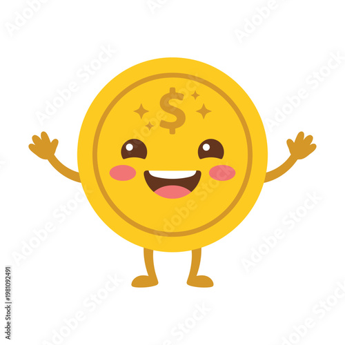 Golden coin character celebrating financial success with a cheerful expression