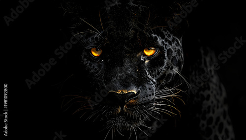 Black jaguar portrait emerging from shadows with glowing golden eyes in low key style