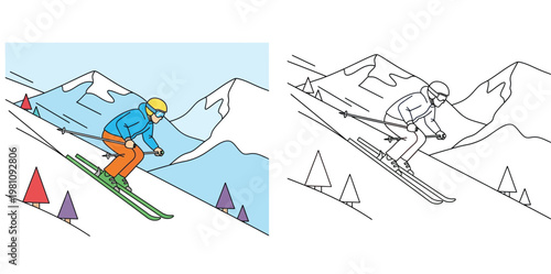 Vector illustration of downhill skier on snowy mountain slope, featuring full color and black outline line art version for coloring book pages