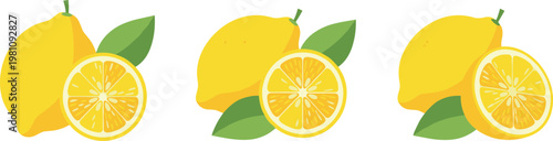 Lemon and Lemon Slice Illustration Set with Green Leaves for Freshness and Culinary Use