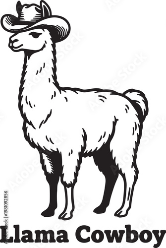 Charming black and white line art illustration of a llama proudly wearing a stylish cowboy hat isolated on transparent background