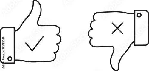 Thumbs up and thumbs down icons with check and cross marks thumbs up check mark hand icon thumbs up positive negative approval disapproval