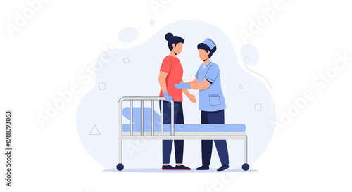 Nurse assisting patient with crutches next to hospital bed, flat design illustration