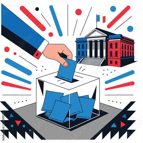 Hand casting ballot into transparent ballot box in front of building government election.