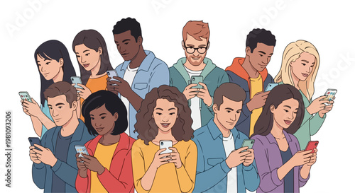 Diverse Group of Young Adults Using Smartphones Illustration