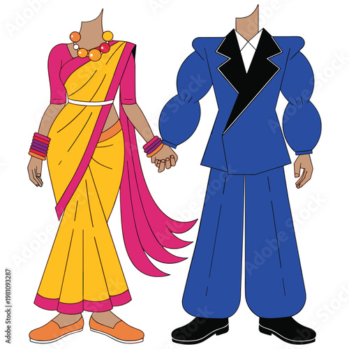 Indian couple dressed in traditional yellow saree and blue formal suit holding hands icon.