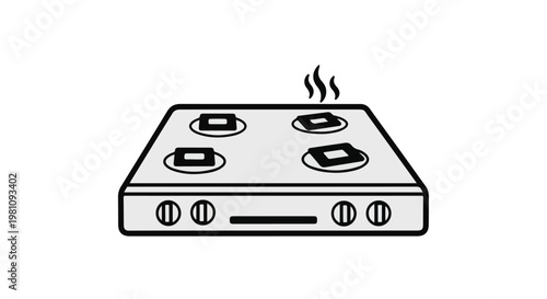 Minimalist gas stove vector icon. Modern kitchen cooktop with four burners and control knobs. Simple line art illustration of a cooking range.