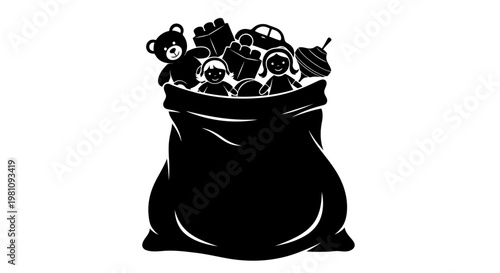 overflowing black trash bag with stuffed toy waste minimalist vector illustration