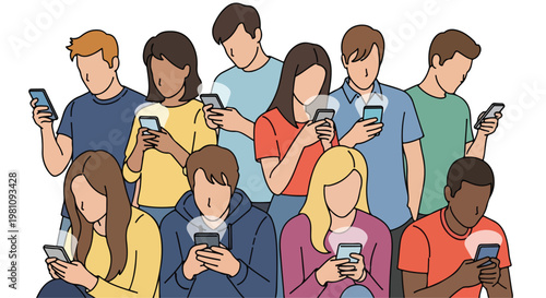 Diverse Group of Young Adults Using Smartphones with Social Media Notifications Illustration