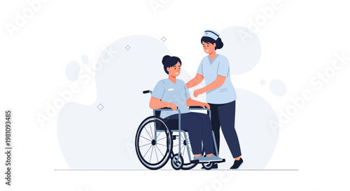 Nurse assisting patient in wheelchair, healthcare concept