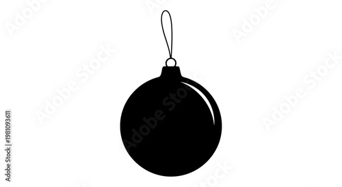 Glossy black Christmas bauble ornament hanging on metallic hook isolated