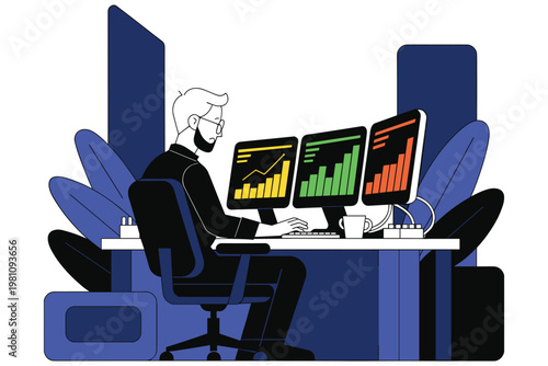 Man working on computer with multiple monitors displaying financial charts and graphs.