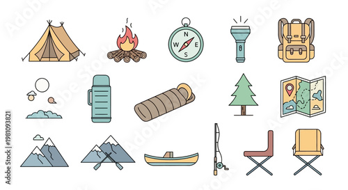Camping icons and travel symbols.