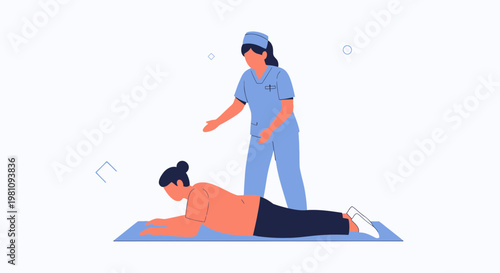 Physical Therapist Assisting Patient with Back Exercise on Mat