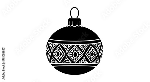 hand-drawn black and white christmas bauble with geometric pattern and hanger
