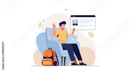 Man working on laptop in armchair, video call with older man, travel concept