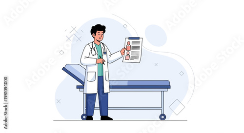 Doctor shows patient chart in examination room with medical bed